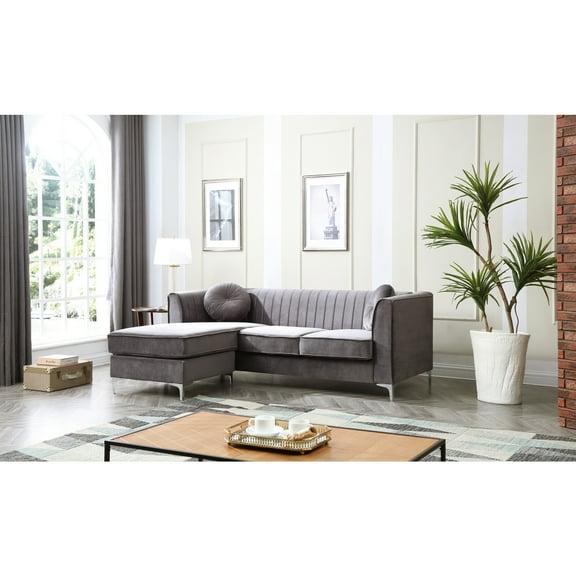 Coastal Cool Sofa Chaise - Gray Velvet Channel Tufted Living Room Seating