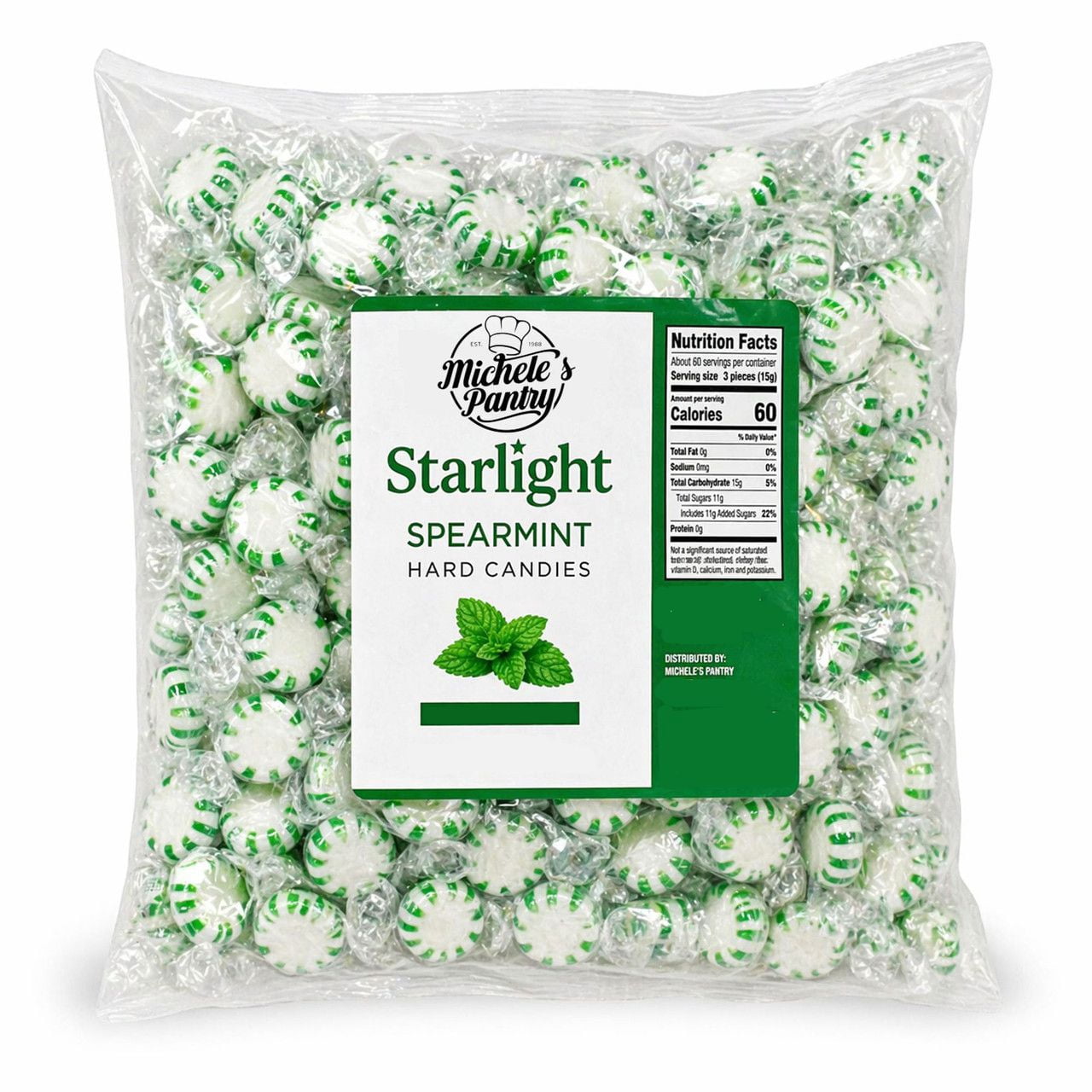 Michele’s Pantry Spearmint Starlight Mints Hard Candy, 4 lb Bulk Bag, Individually Wrapped Refreshing Mint Candy