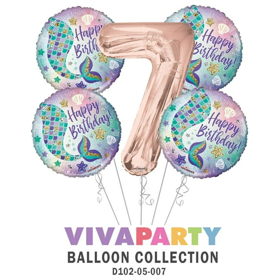 Happy Birthday Mermaid Round Balloon Bouquet 5 pc, 7th Birthday, Rose Gold Number 7 Jumbo Balloon | Viva Party Balloon Collection