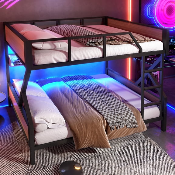Full over Full Metal Bunk Bed - Storage Shelves, Lights, Space-Saving & Noise-Free