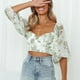 thumbnail image 2 of Camiseta de gasa con cuello en V para mujer, mangas medias abullonadas, pecho plisado, tipo corto, estampado floral, camiseta verde XL, 2 of 6