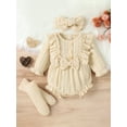 thumbnail image 3 of Baby Girls 3Pcs Fall Outfits, 3 6 9 12M Long Sleeve Button Front Ruffle Romper + Socks + Headband Set, 3 of 10