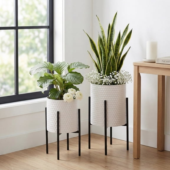 Decorative Flower Pots with Metal Stand for Home Decor - Modern Planters for Hallway, Entryway, and Living Room Decor - Indoor and Outdoor Pots for Plants Styling - Set of 2, 23", 19", White & Black