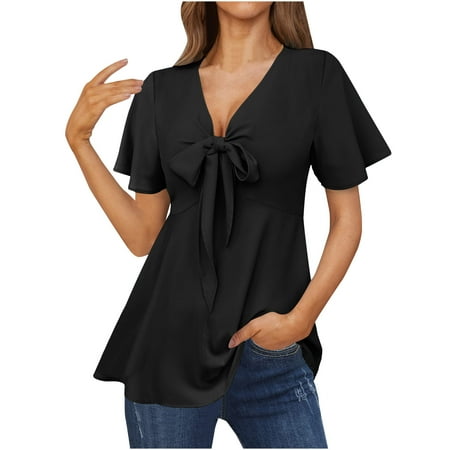 Yyeselk Sexy Women Deep V-Neck Shirts Leisure Bow Tie Front Ruffle Short Sleeves Long Blouses Asymmetric Hem Pure Color Satin Silk Babydoll Summer Tops Black M