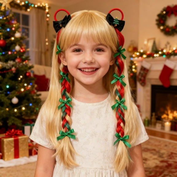 Zenithome Playful 17.32In Polyester Christmas Braided Wig In Multicolor Red Green Gradient Soft Smooth Light Elastic With Bow Tie For Xmas Party Role Play Photo Prop Adding Festive Fun
