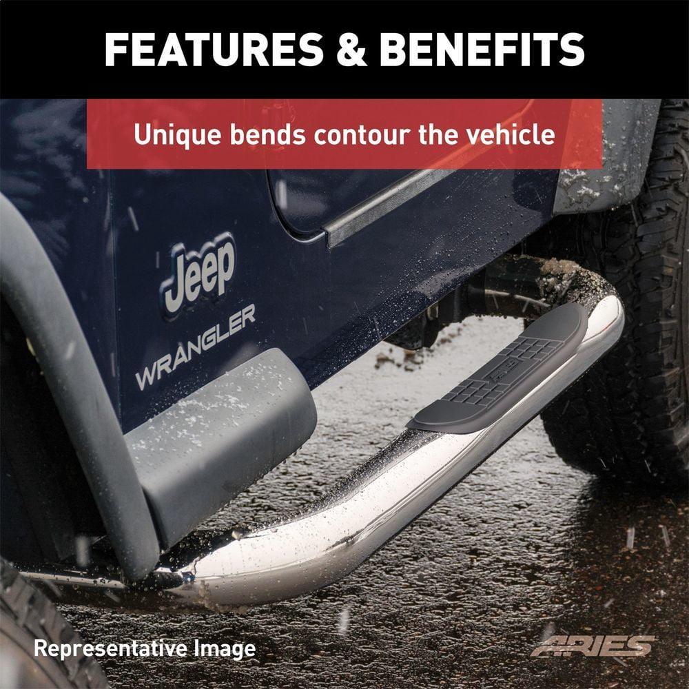 ARIES 203045-2 3in. Round Polished Stainless Side Bars; Select Ford F-150; F-250; F-350, No-Drill