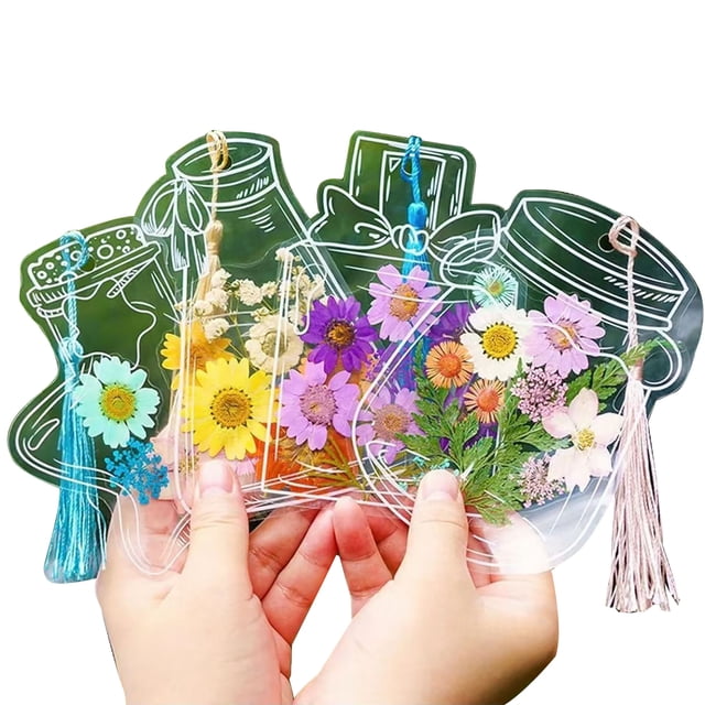Visland DIY Transparent Dried Flower Bookmarks Clear Pressed Flower Bookmarks with Tassels Self-Adhesive Jars Stickers