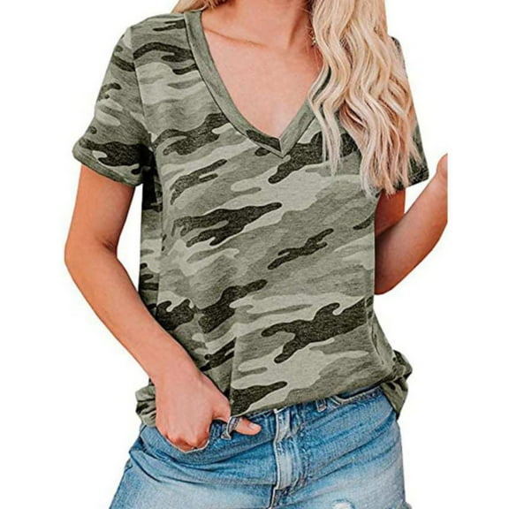 Women's Camo Print Short Sleeve V Neck T Shirts Casual Leopard Style Tee Army Green L