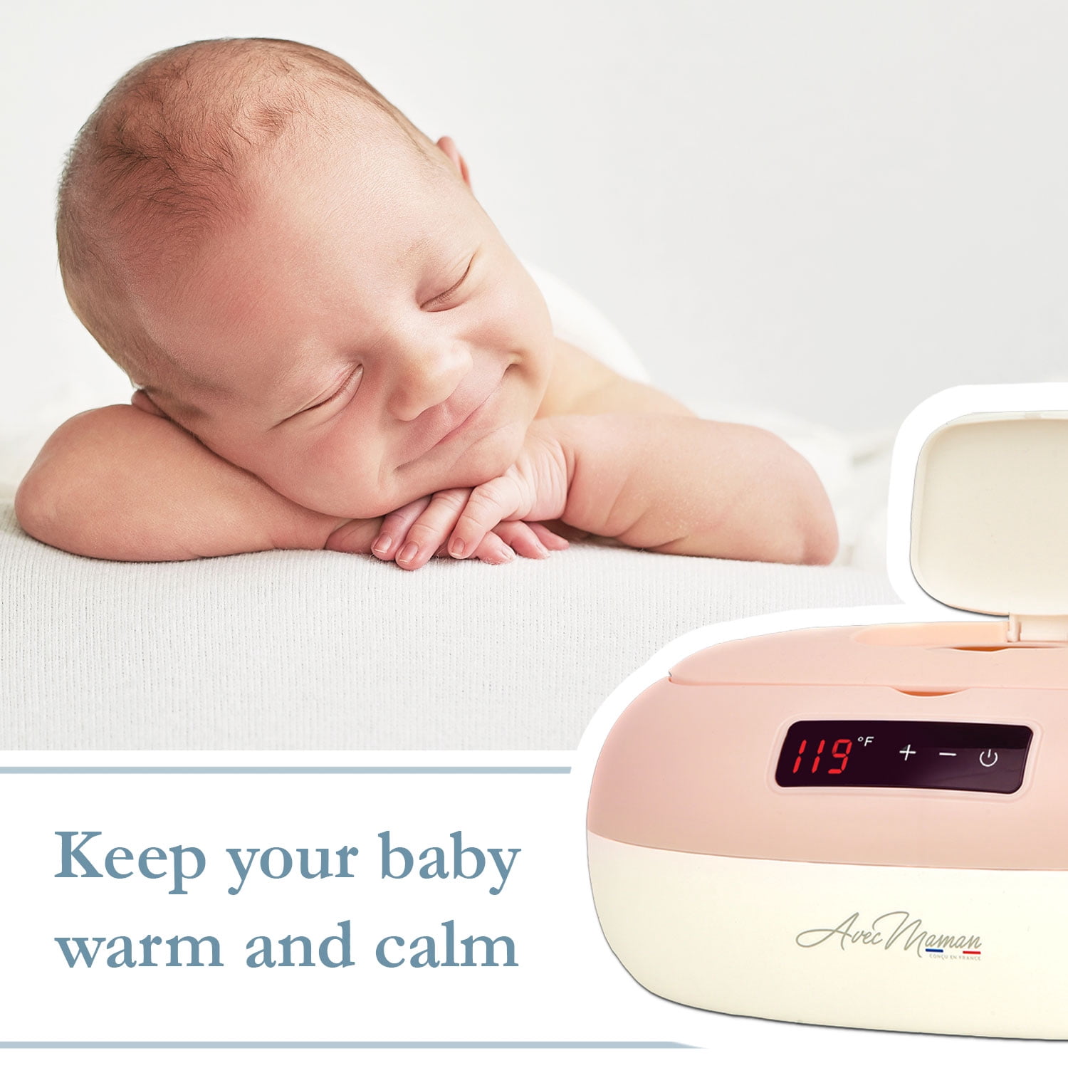 Avec Maman La Caresse Baby Wipe Warmer - New 2024 - Designed in France - Wet Wipe Dispenser - Adjustable Heat Settings Digital Display - Pink