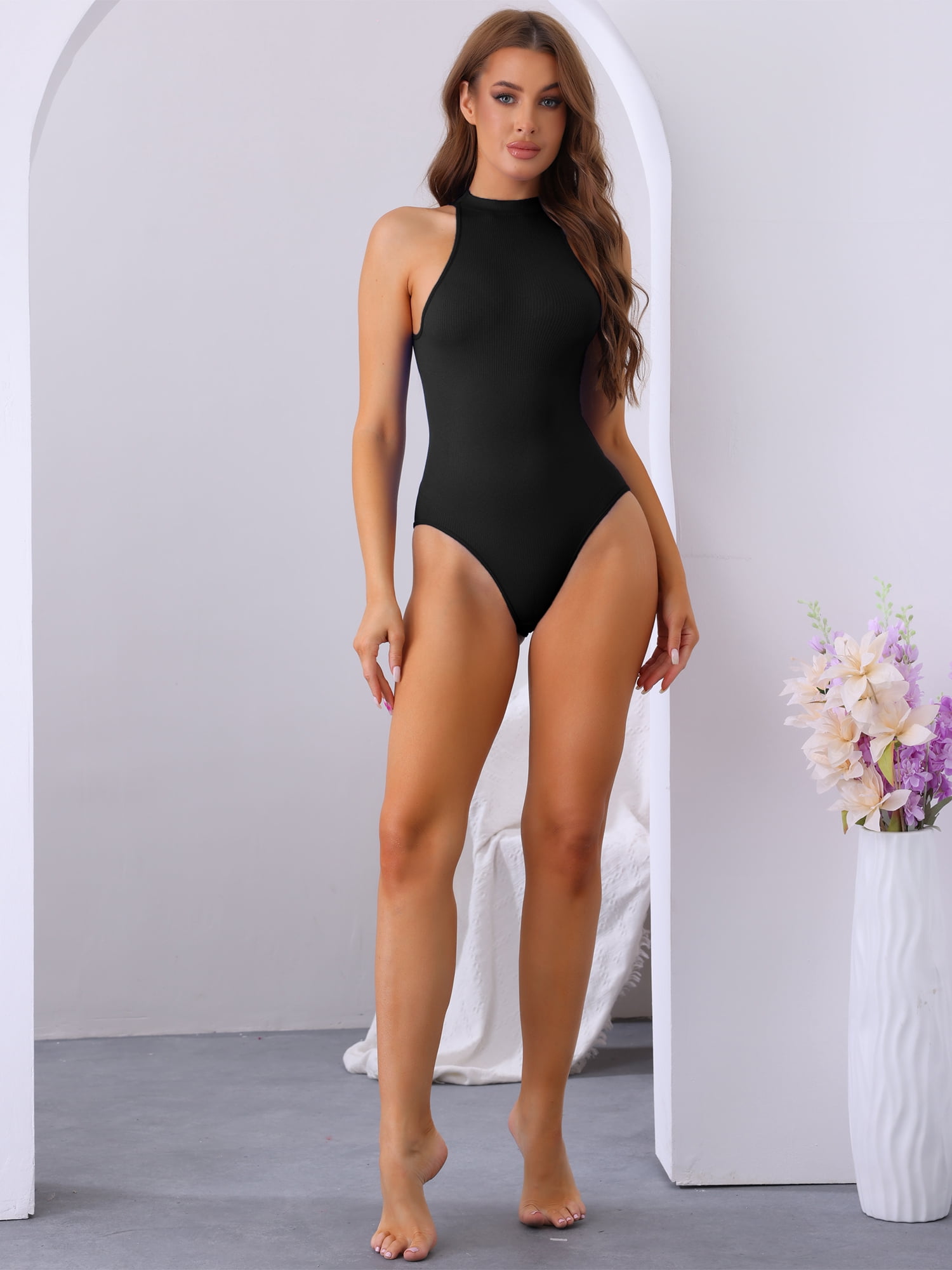 DARING DIVA High Neck Tank Top Jumpsuit Sleeveless Bodysuit M Black