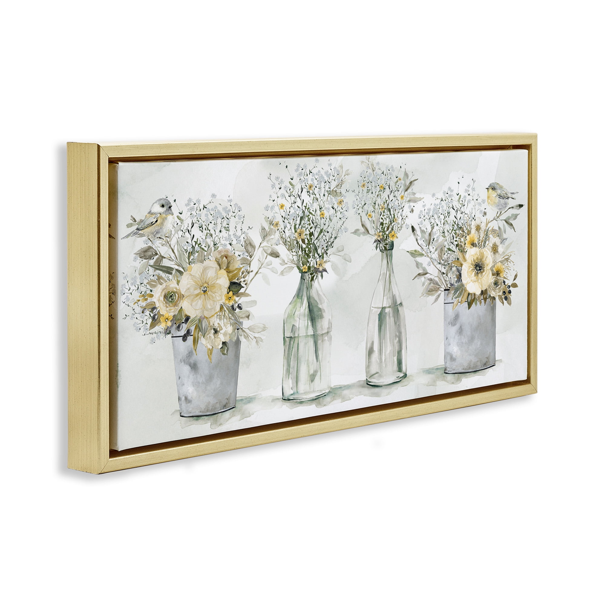 Stupell Industries Songbirds with Floral Bouquets Botanical & Floral Painting Gold Floater Framed Canvas Art Print Wall Art, 25 x 11