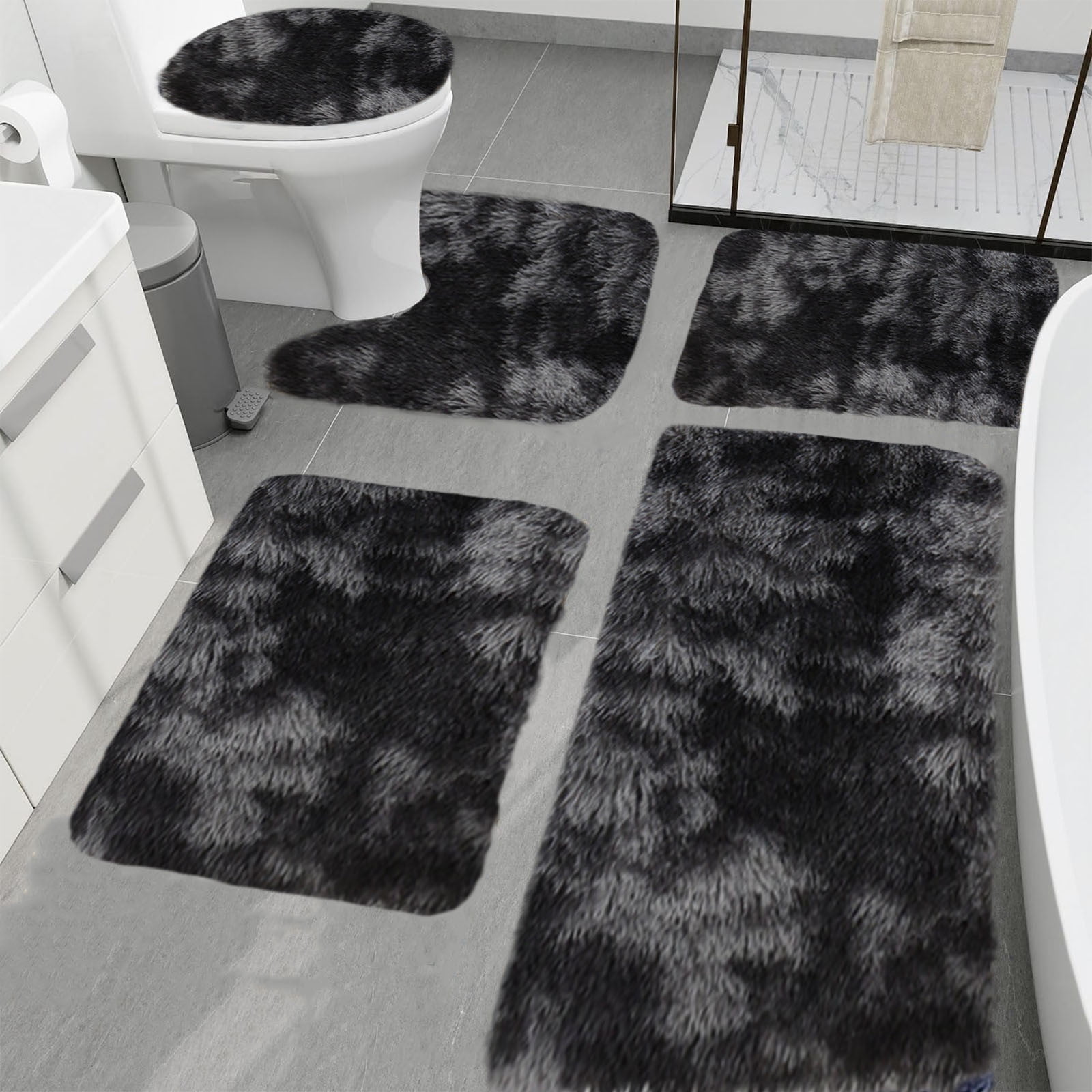 VOTRUDI 5 Piece Mixed Colors Bath Mats Clearance,Black No Slip Memory Foam Bathroom Rugs and Mats Washable Set of 5,Shag Bath Rug for Bathroom Floor