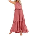 thumbnail image 1 of Zmoon Women's Bohemian Long Solid Color Sleeveless Halter Neck Ruffle Beach Style Dress, 1 of 9