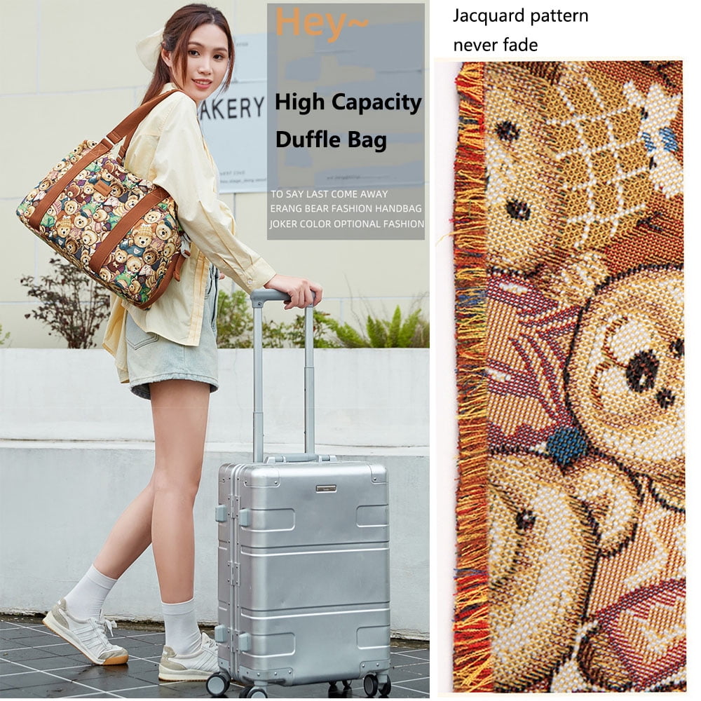Cute Bear Print Women Duffel Bag for Travel High Capacity Jacquard Canvas Water Resistant Travel Sport Hand Bag Weekender Overnight Bag for Gym Sport