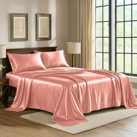 Satin Sheets King [4-Piece, Blush Pink] Hotel Luxury Silky Bed Sheets - Extra Soft 1800 Microfiber Sheet Set, Wrinkle, Fade, Stain Resistant - Deep Pocket Fitted Sheet, Flat Sheet, Pillow Cases