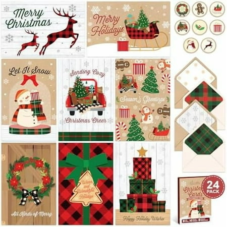 24 Pack 4x6in Vintage Happy Holidays Cards with Envelopes and Stickers - 8 Farmhouse Designs Rustic Christmas Cards Vintage Set, with Printed Message Inside