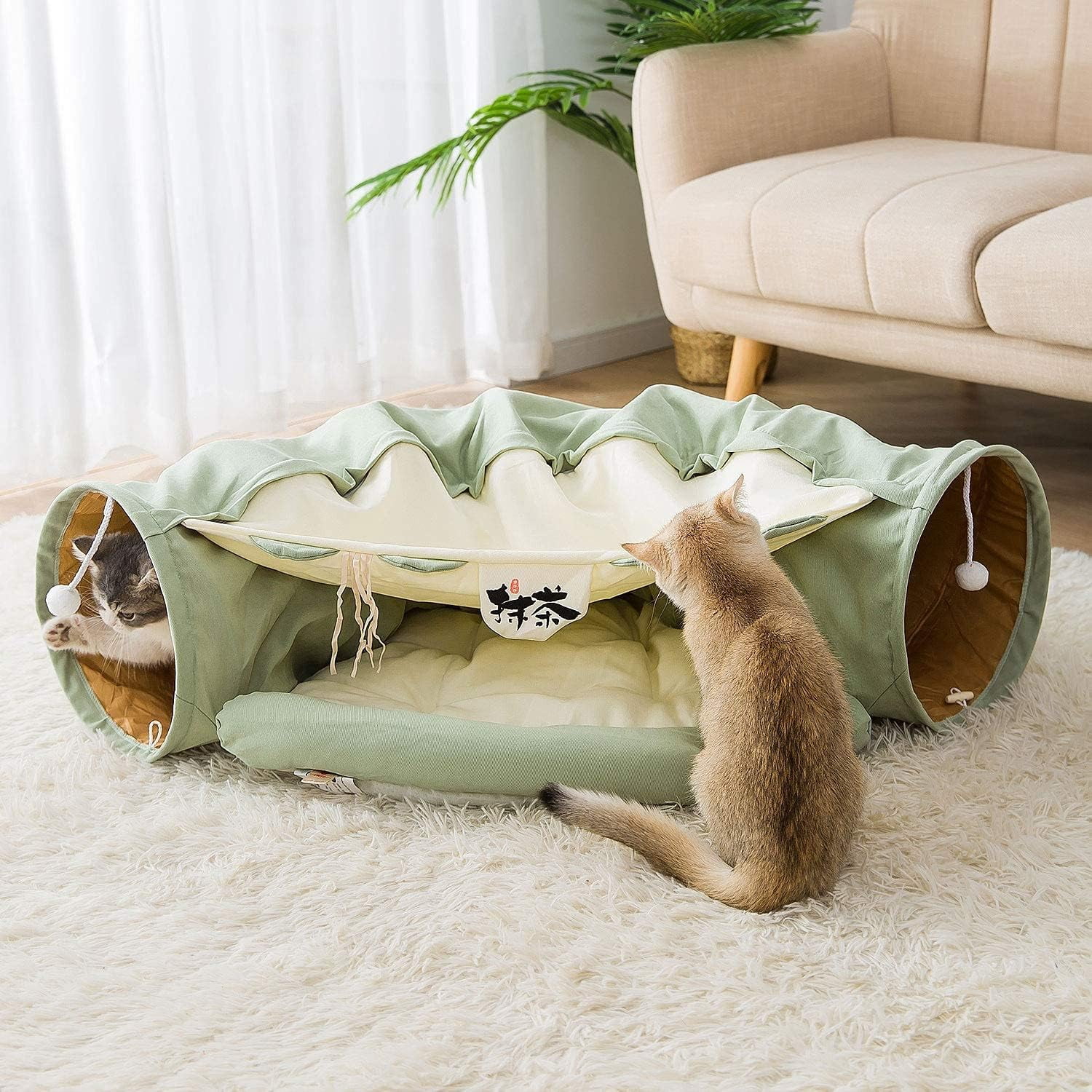 Tunnel for Indoor, Tube with Collapsible Washable Bed,Cat Bed for Small Medium Large cat.(Matcha)