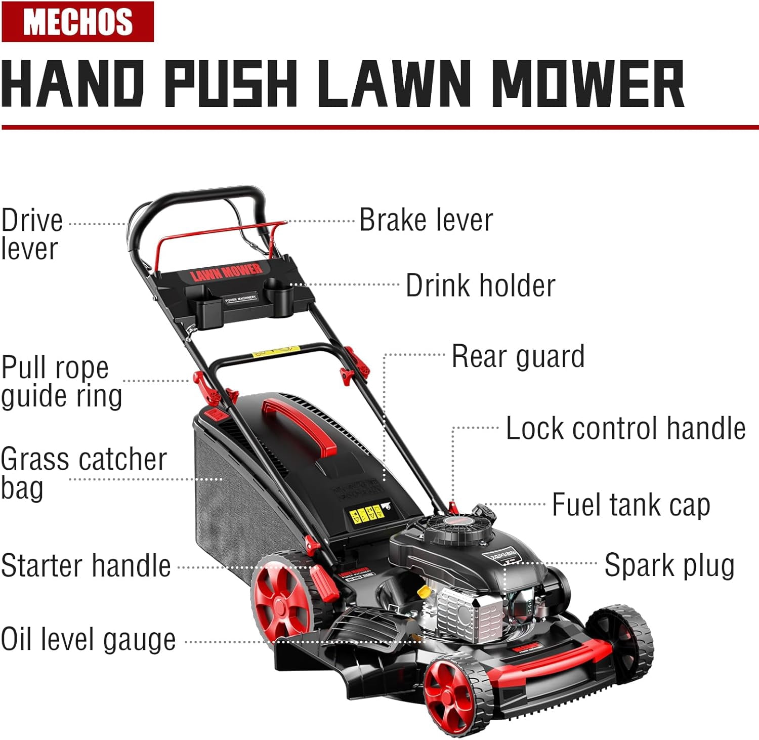 Self-Propelled lawn mower, four-stroke engine, 21 inch, height and speed adjustable, gasoline-powered lawn mower, suitable for backyards and farms, 210cc.