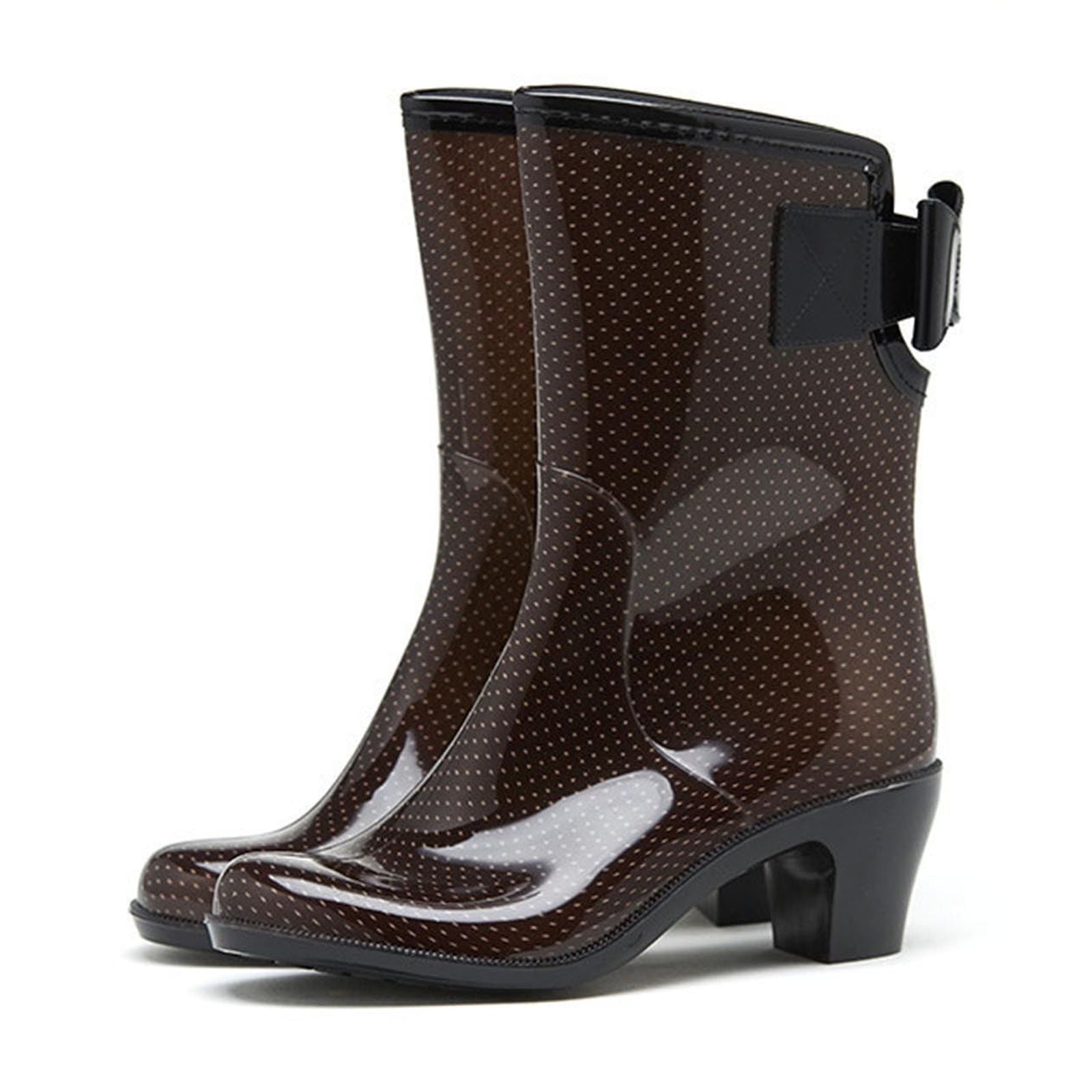Xfvqtps Rain Boots for Women Mid Calf Chunky Mid Heels Bowknot Leopard Print Spot Motorcycle Boots Waterproof Non Slip Rubber Sole Outdoor Work Rain Shoes Brown