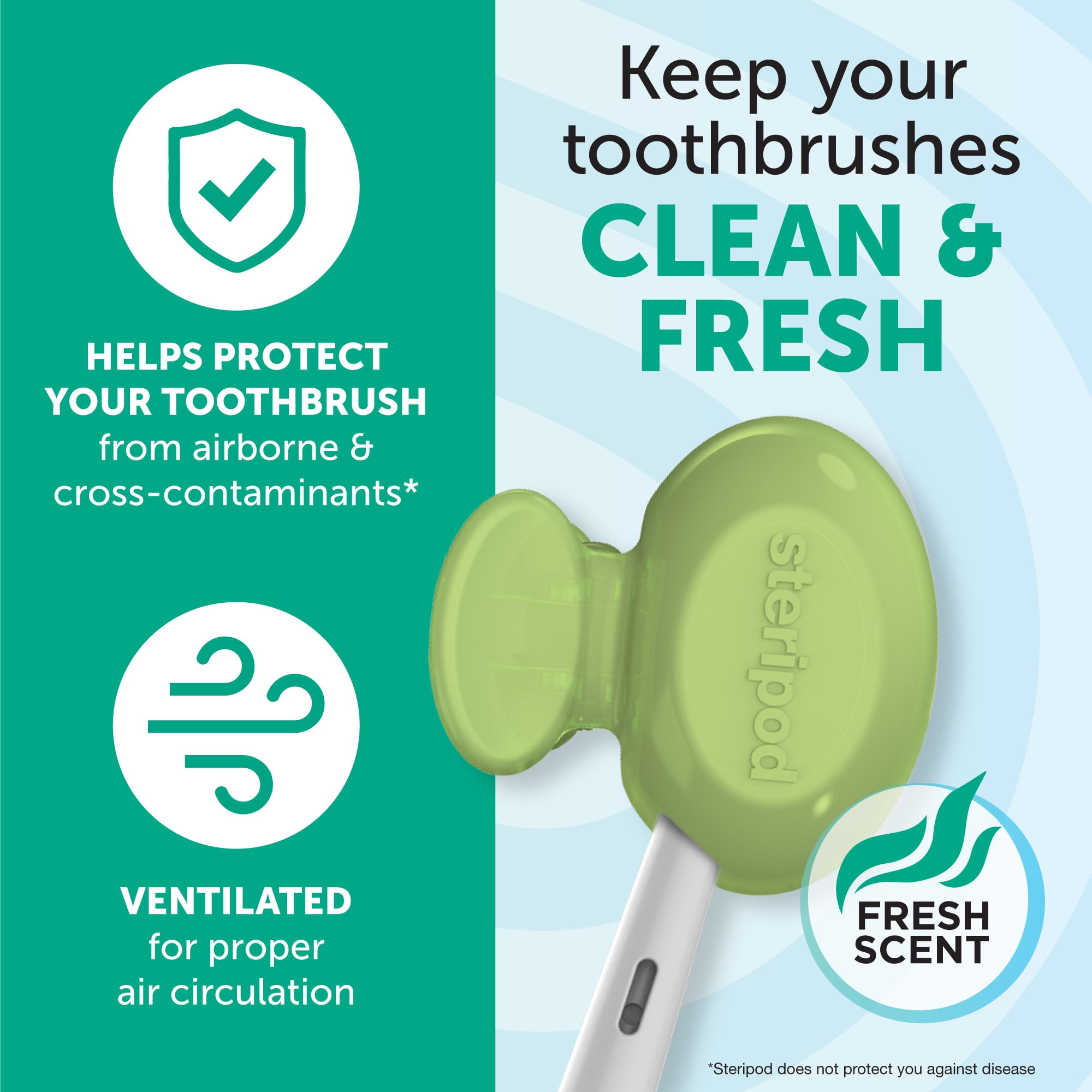 (2 pack) Steripod Clip-On Toothbrush Protector with Fresh Scent, Assorted Colors, 2 Count