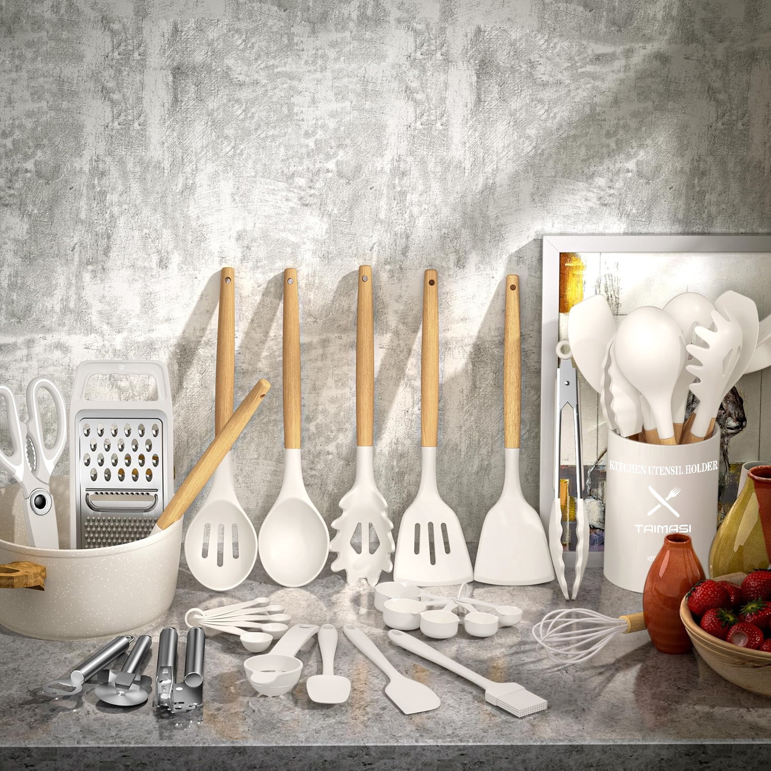 Kitchen Utensil Set, AOKIWO 34Pieces Silicone Cooking Utensil Set with Wooden Handle, Heat Resistant Spatula Set Gadgets Tools Cookware, White