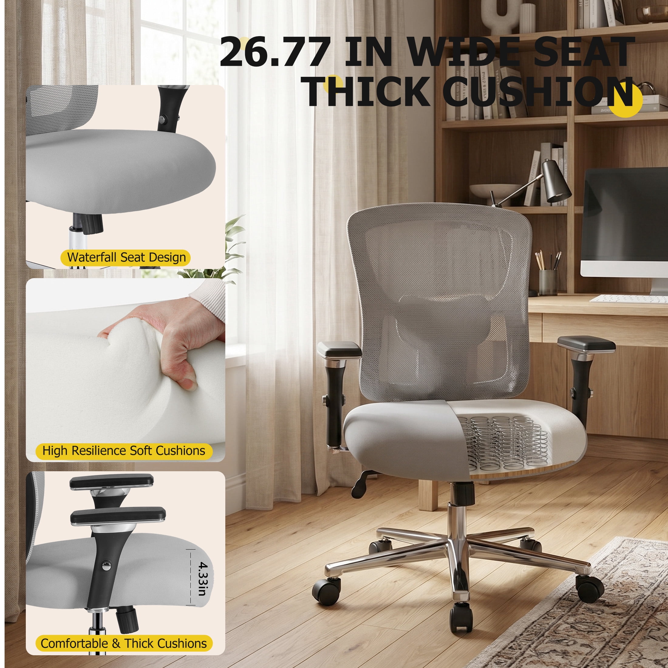 edx Ergonomic Office Desk Chair, Heavy Duty Computer Chair with Adjustable Armrest, Computer Executive Desk Chair , Lumbar Support, Gray