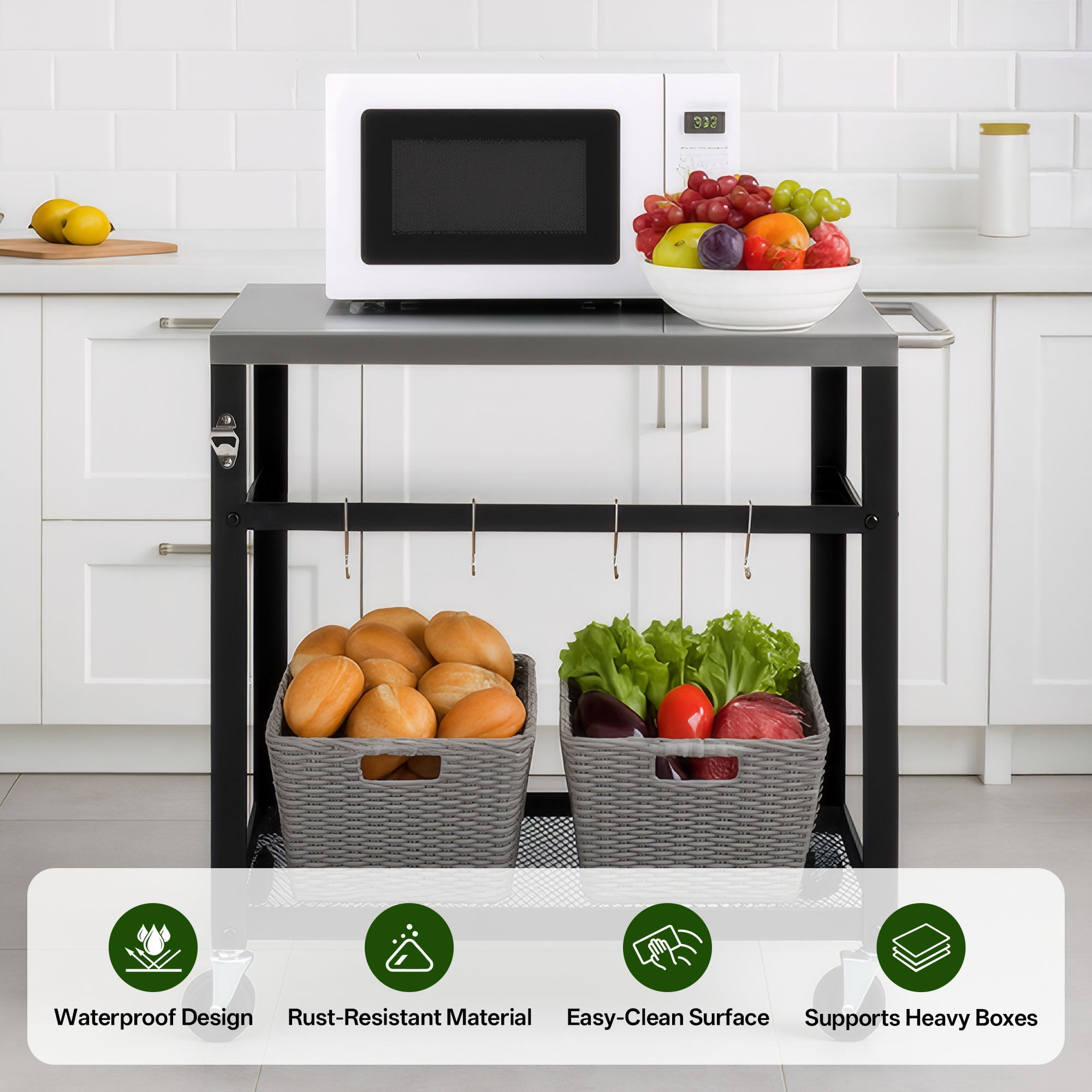2-Tier Outdoor Grill Cart with Stainless Steel Top Locking Wheels Tool Hooks Movable BBQ Prep Table, Black