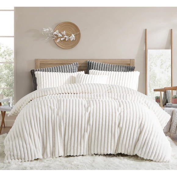 Nayoroom Fluffy Faux Fur Duvet Cover Queen Size Velvet Flannel White Striped Reversible Comforter Cover Winter Warm Shaggy Plush Fuzzy Bedding Set So