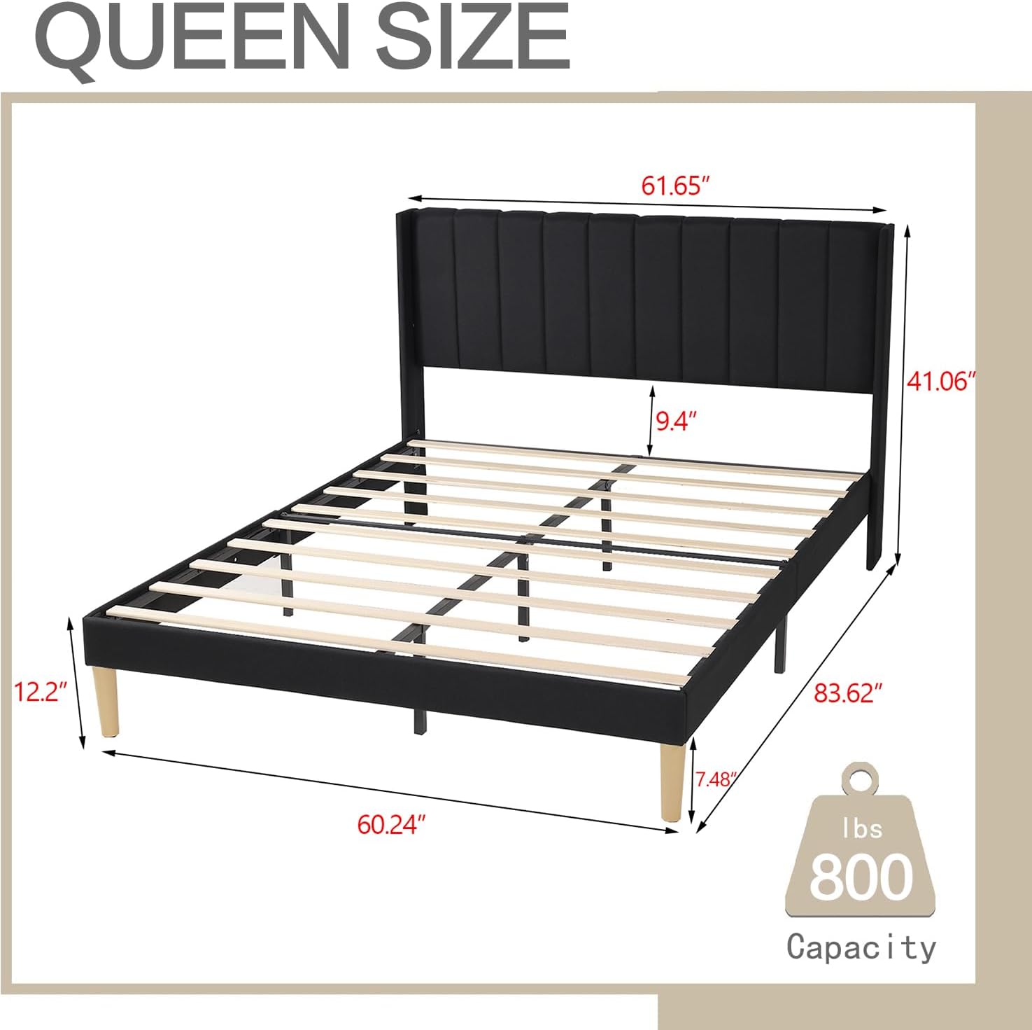 AGARTT Upholstered Platform Queen Size Bed Frame with Headboard Wooden Slats Support,Black Linen