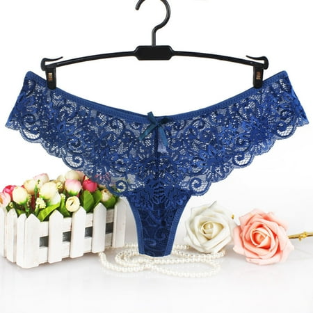 

Miluxas Clearance Women s Fashion Lace Flower Transparent Gauze Bow Low Waist G-string Pants Panties Thong Dark Blue 8(L)