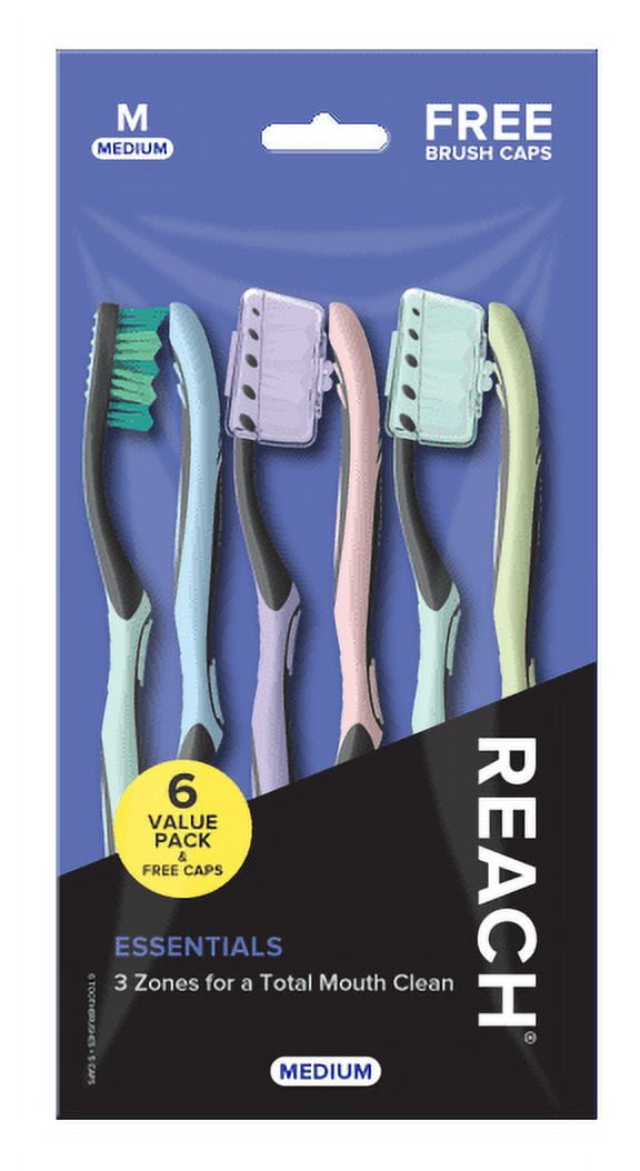 Reach Essentials Manual Toothbrush with Caps, 6 Count