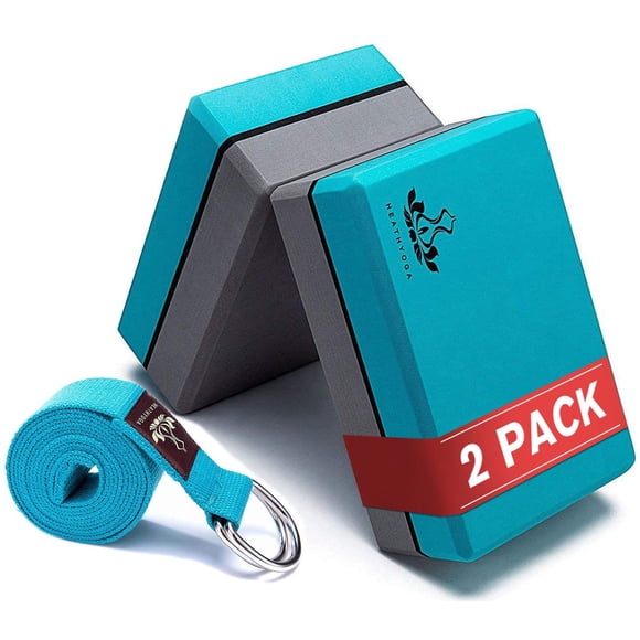 Heathyoga Blocs de Yoga, Lot de 2 avec Sangle, Ensemble de Blocs de Yoga en Mousse EVA à Haute Densité et de Sangles de Yoga pour Soutenir et Améliorer les Poses et la Flexibilité (Turquoise)