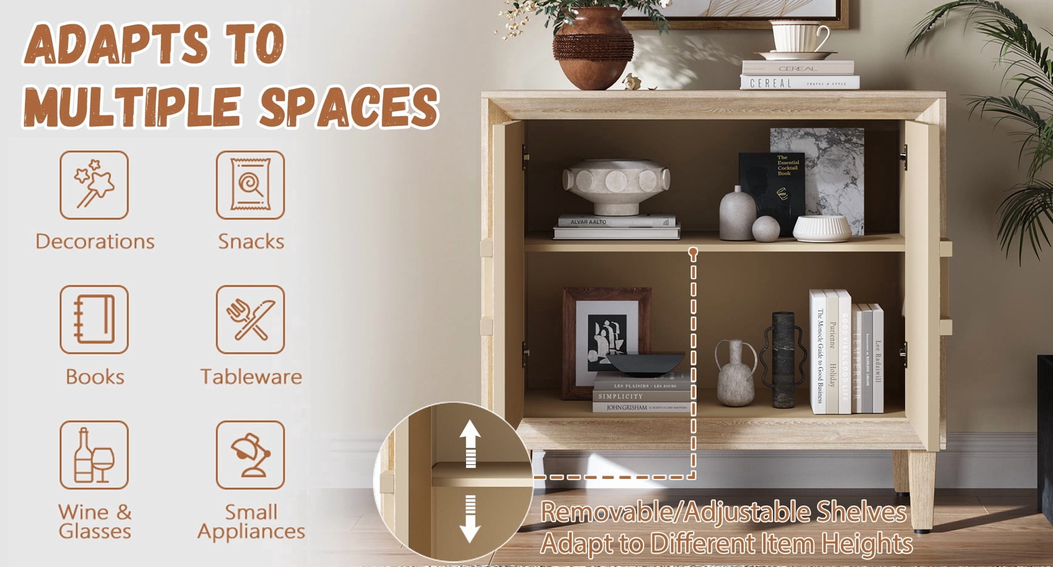 31.5" Antique Natural Mid-Century Modular Credenza Sideboard Buffet, Small Space Cabinet with Symmetrical Sunburst Doors, Accent Cabinet with Adjustable Shelves for Dining Room, Entryway & Hallway