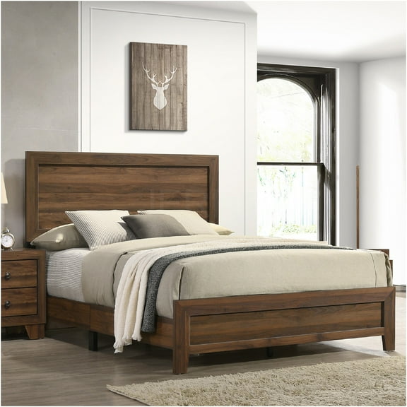 JERFIT Queen Size Panel Bed Frame, Modern Wood Platform Bed with Upholstered Headboard, Brown Cherry Finish, No Box Spring Needed