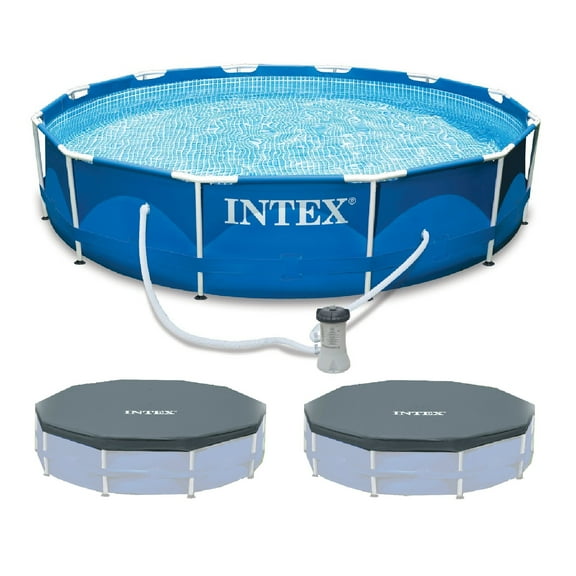 Intex Metal Above Ground Pool w/ Pump, Filter Cartridge 6 Pack, and Cover