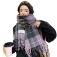 thumbnail image 1 of Winter Knit Scarf Women Winter Scarf Plaid Print Color Matching Tassel Thick Plush Warm Soft Windproof Neck Protection Decorative Washable Lady Neck, 1 of 8