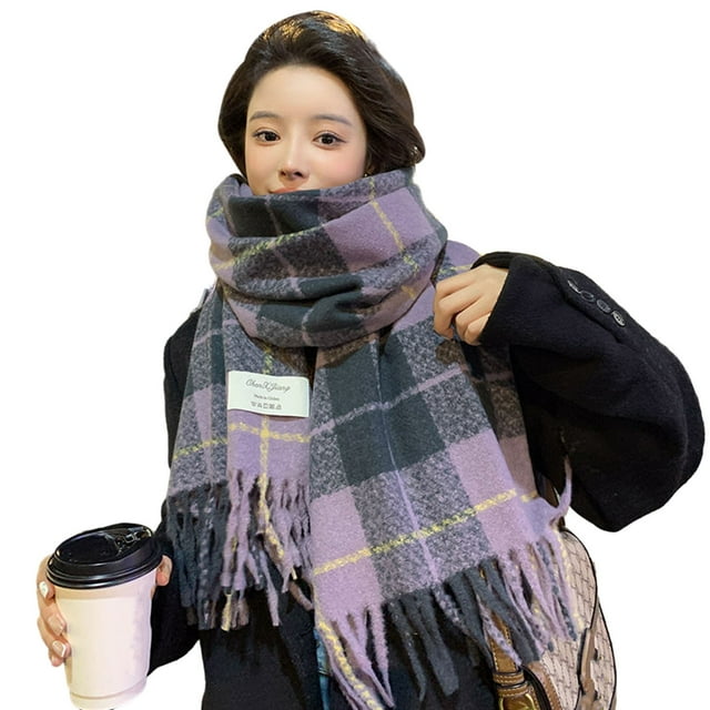 Winter Knit Scarf Women Winter Scarf Plaid Print Color Matching Tassel Thick Plush Warm Soft Windproof Neck Protection Decorative Washable Lady Neck