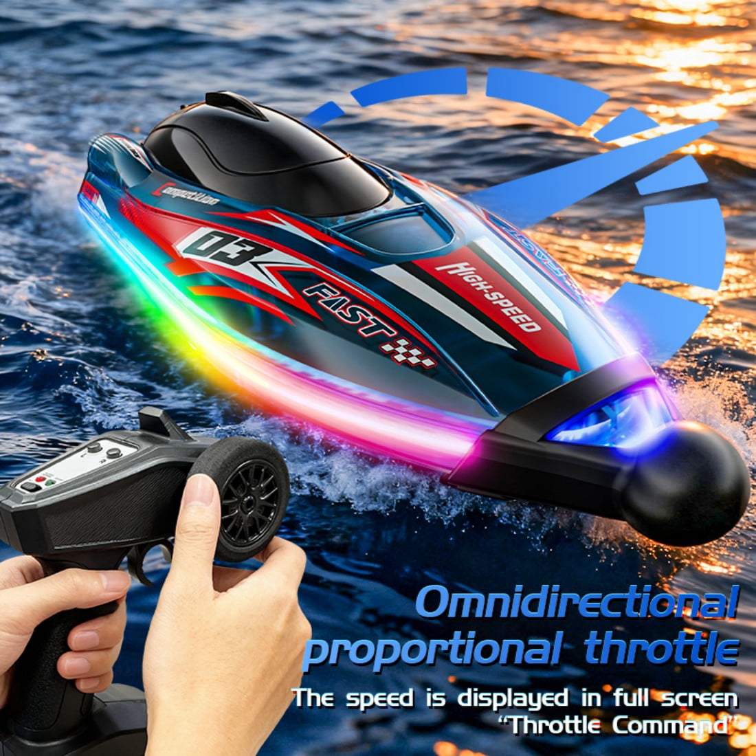 Mini High-Speed RC Boat with Colorful LED Lights, 2.4G Waterproof & Impact-Resistant Brushless RC Racing Car with Dual Motors & Detachable Covers for Pools, Rivers & Lakes - RTR