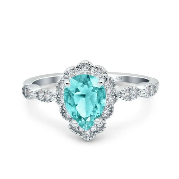 Pear Teardrop Art Deco Ring Round Paraiba Tourmaline CZ 925 Sterling Silver Size 5