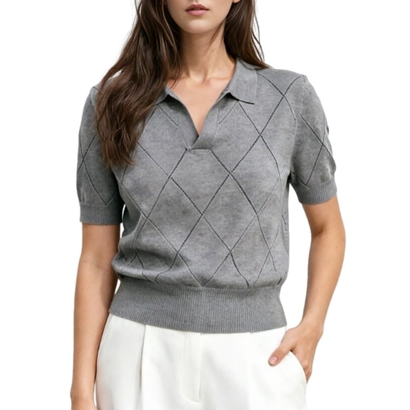 Gynyvoja Women'S Short Sleeve Po-Lo Sweater Knit V Neck Pullover Shirt Summer Top Gray S