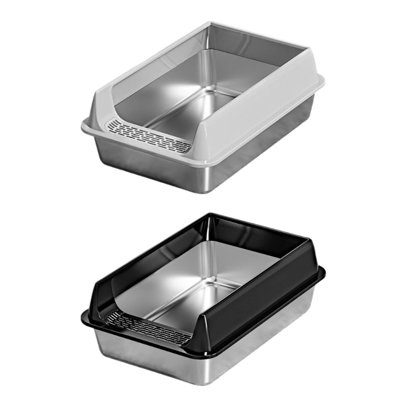 Stainless Steel Litter Box Half-Enclosed Design, Anti-Slip Base & Ventilation for Odor Control, Large Pet Bathroom