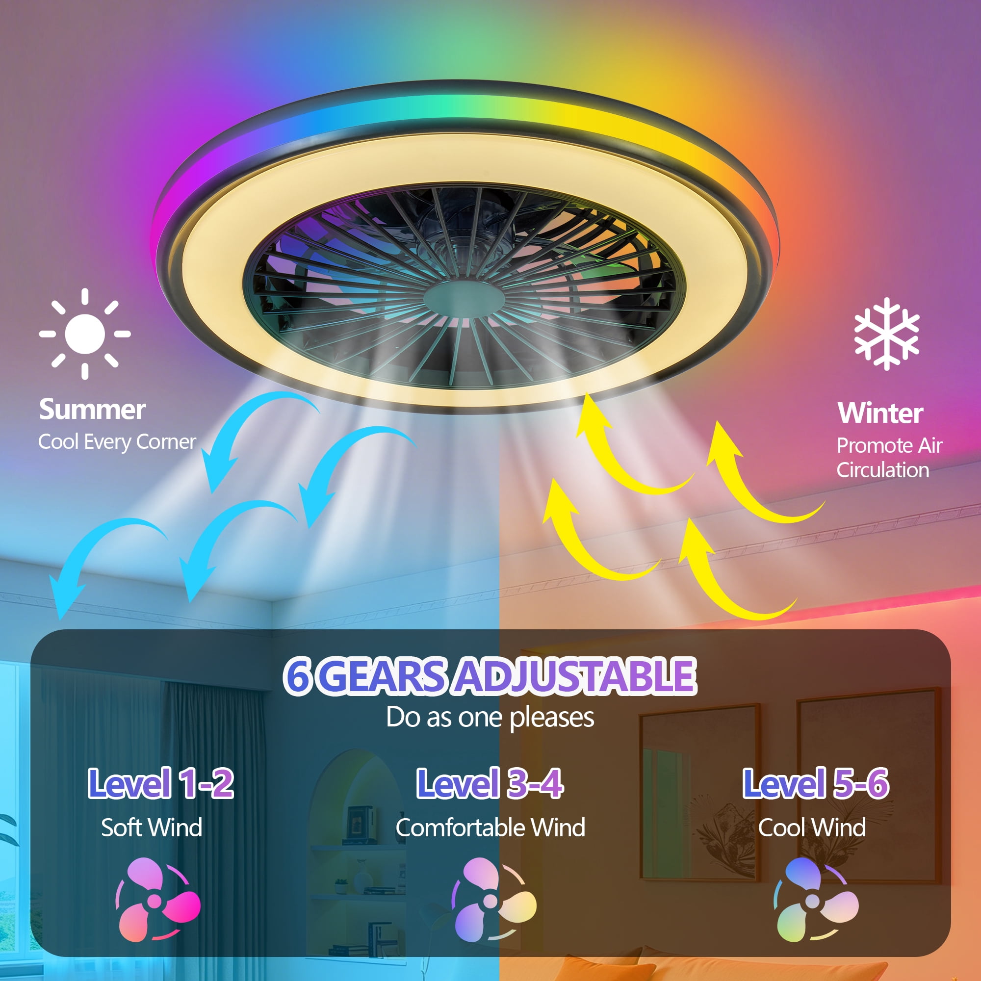 Miniyam 20" LED RGB Ceiling Fan Lights and Remote Control, 6 Speed, Dimmable Fandelier for Bedroom, 3000/4500/6000K, Black