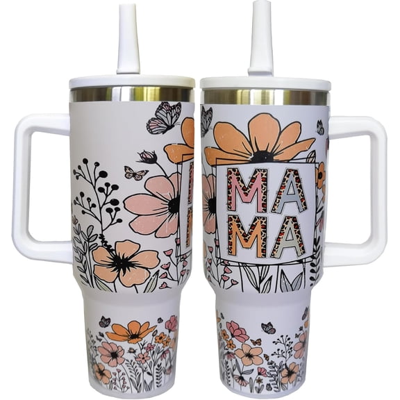 Mama 40oz Tumbler with Handle, Stainless Steel Coffee Mug Cups for Birthday Mothers Day Gifts for Mom Mother, Creamy,Mama Gifts,