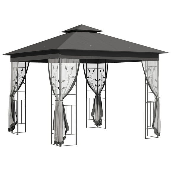 Homiyad 10x10 Grey Outdoor Patio Gazebo Canopy with 2-Tier Polyester Roof Netting Curtain Sidewalls Steel Frame | Aosom.com