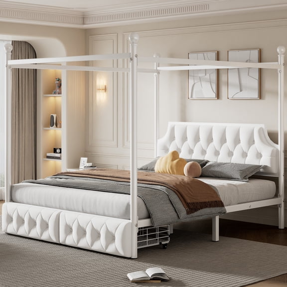 Noble House Carmen Queen Metal Canopy Bed, Platform Frame with Velvet Headboard and Storage Drawers, White