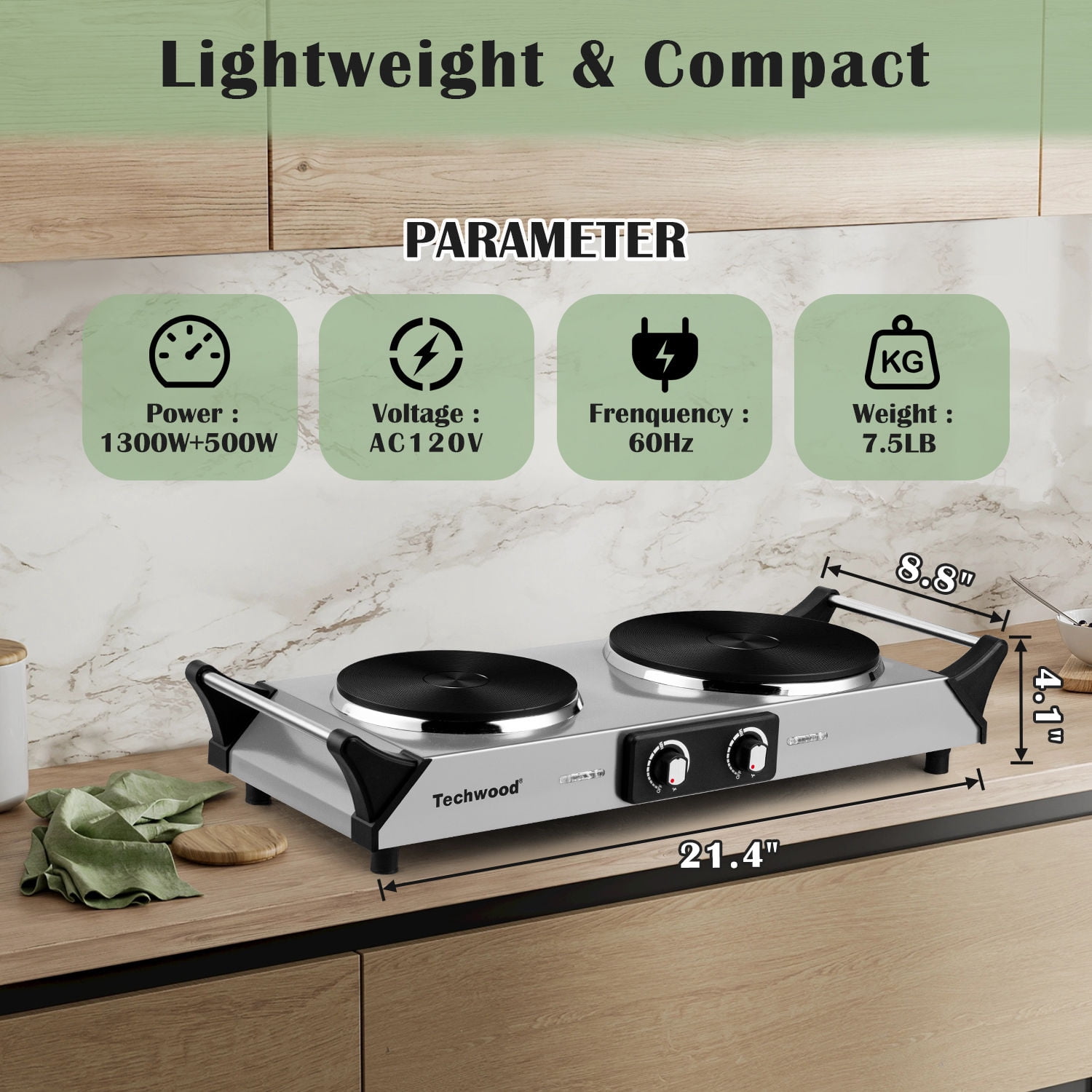 Techwood 1800W Stainless Steel Double Hot Plate for Cooking, Portable for Kitchen, Dorm, Camping