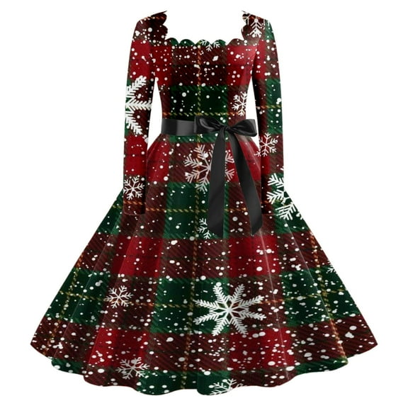 Cnbwig Womens Christmas Dress Christmas Reindeer Printed Classic Tea Dress Long Sleeve Square Neck Gown with Belt Swing Party Dresses A-Army Green L