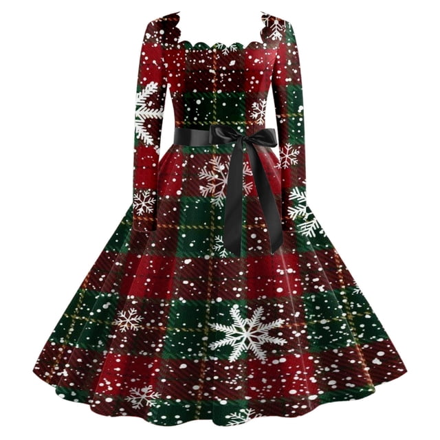 Wyzesi Robes Rouges pour Femmes Longues Fluides de Noël Robe Classique pour Femmes Robe à Manches Longues avec Ceinture Robe Évasée de Fête Pyjamas de Noël Costume