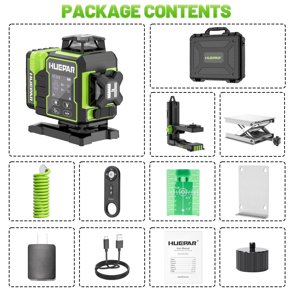 Huepar 4×360°Self-Leveling Laser Level with Backlit LCD Screen Remote Control Outdoor Pulse Mode Laser Tool with Bluetooth