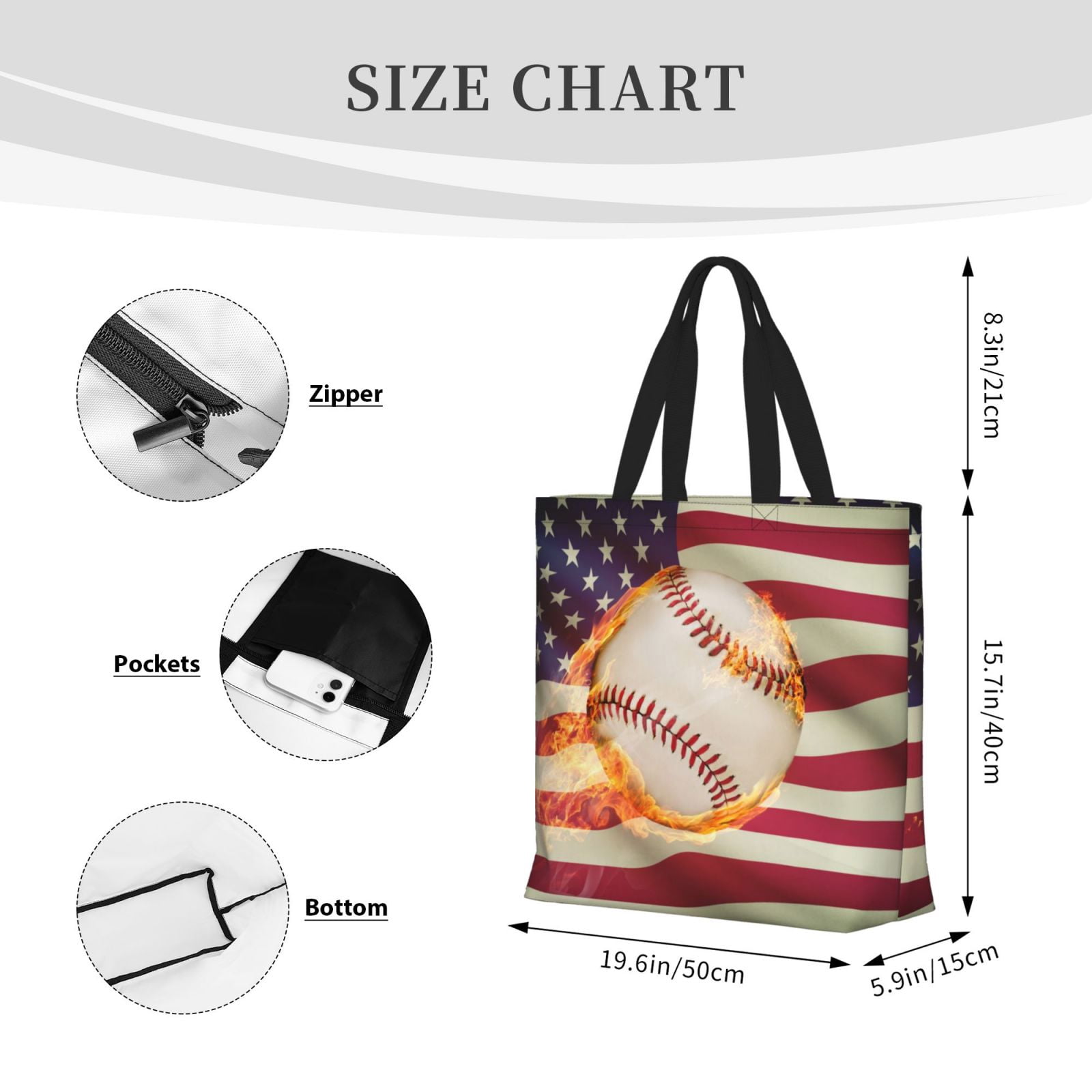 Picia Baseball Ball With Flag for Tote Bag for Women with Zipper, Gym Tote with Compartments, Laptop Work Tote Nurse Dance Yoga Bag for Sport, Travel